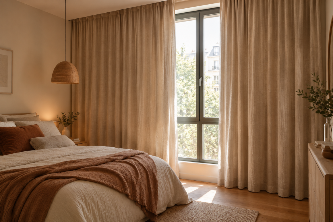 Chambre aménagée avec rideaux beiges, lit, suspension, tapis et plantes