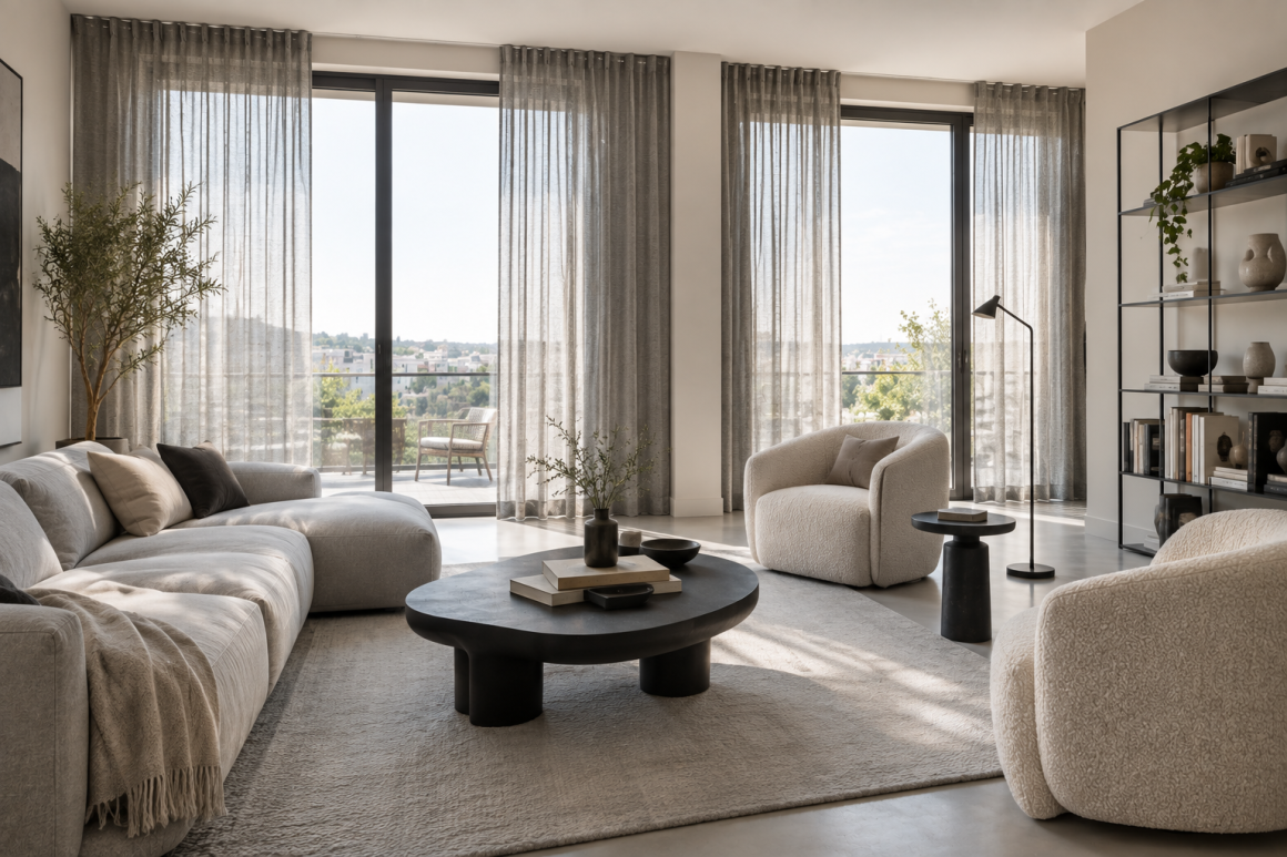 Salon avec grandes baies vitrées habillées par voilages gris, canapés, table basse et fauteuils texturés