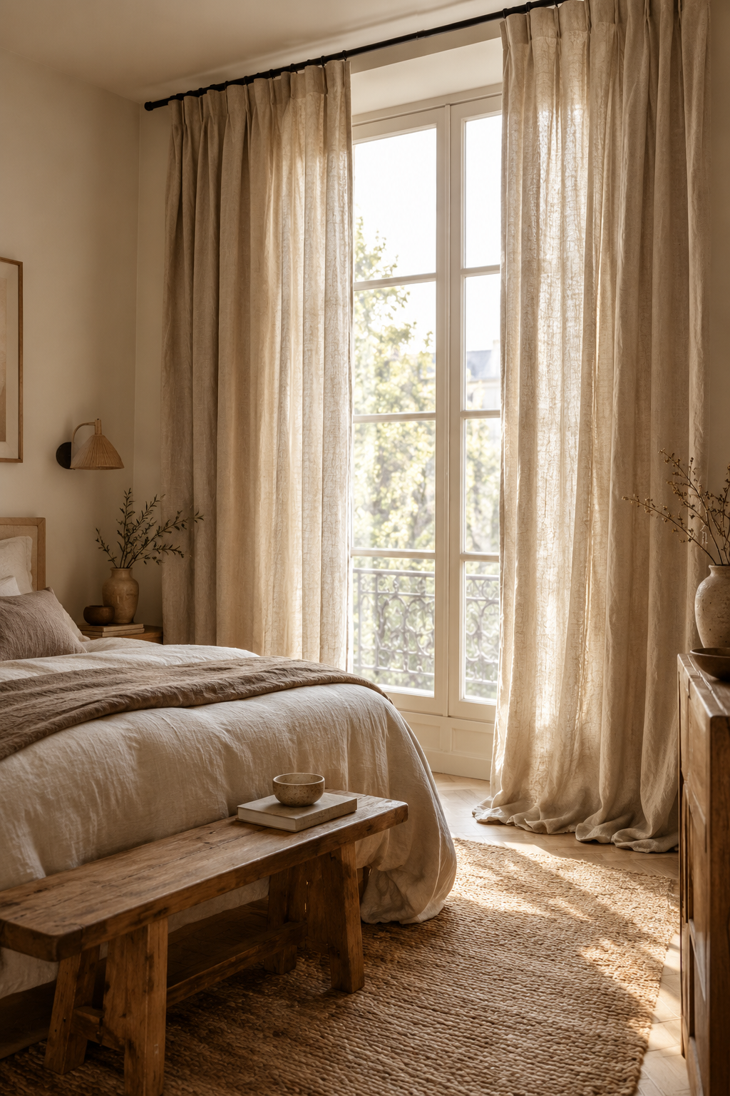 Chambre aux tons naturels : rideaux en lin, mobilier en bois et tapis en jute