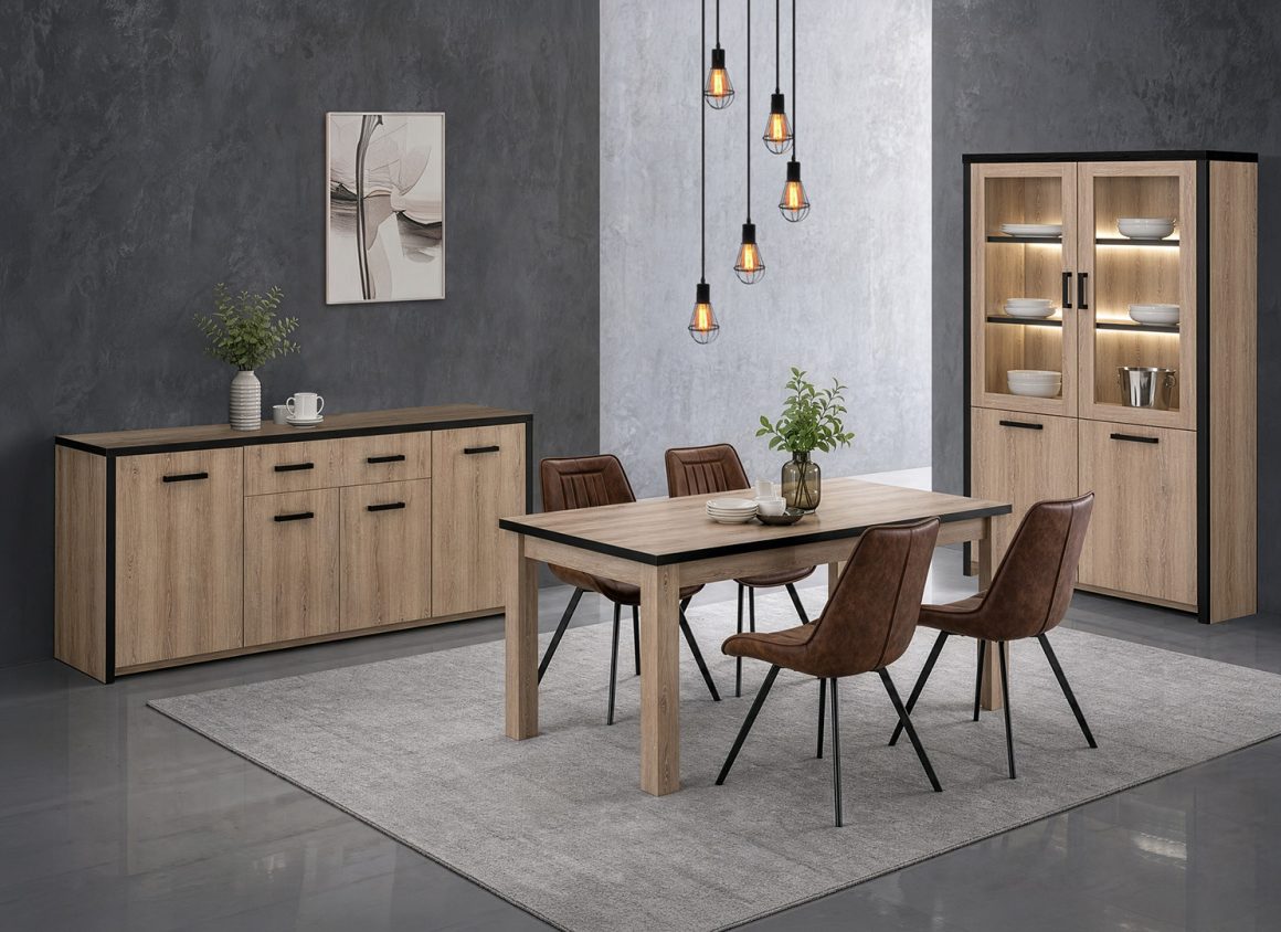 Salle à manger aménagée avec table, chaises en cuir, buffet et vitrine en bois clair, luminaires suspendus et tapis gris