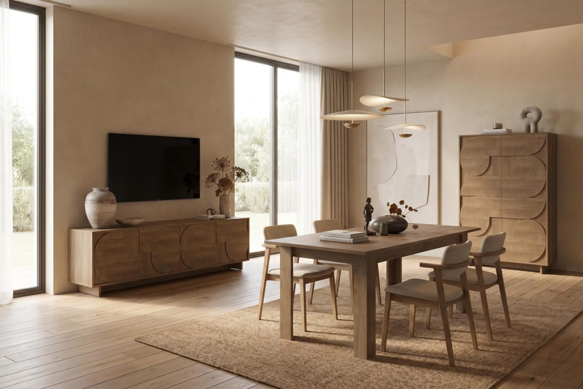 Salle à manger en bois : table, chaises, buffet sculptural, luminaires, TV et grandes baies vitrées