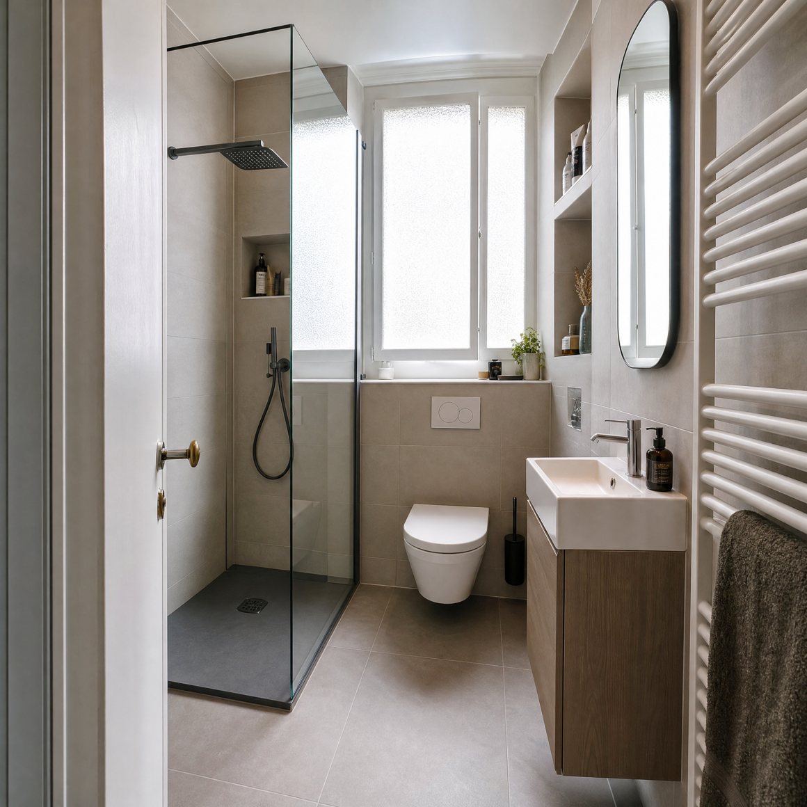 Aménagement salle de bain 5m2 avec douche à l'italienne vitrée, WC suspendu, meuble lavabo en bois et miroir
