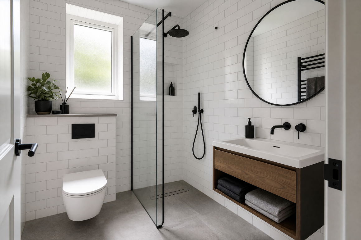 Salle de bain avec douche à l'italienne, miroir, meuble vasque avec étagères et WC suspendu