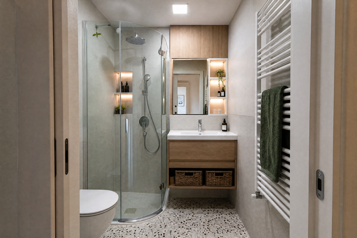 Aménagement petite salle de bain 5m2 avec douche, lavabo en bois flottant, rangement panier et petit miroir