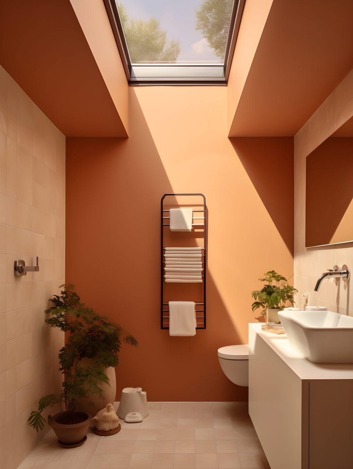 Salle de bain incluant lucarne, mur terracotta, vasque blanche, WC suspendu, porte serviettes et plantes
