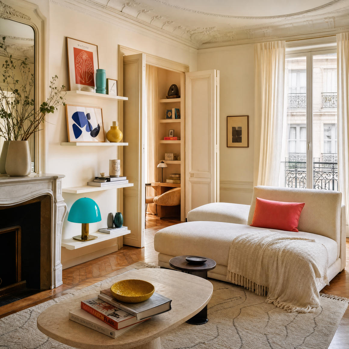 Salon parisien avec canapé crème moelleux, table basse, étagères décoratives et moulures