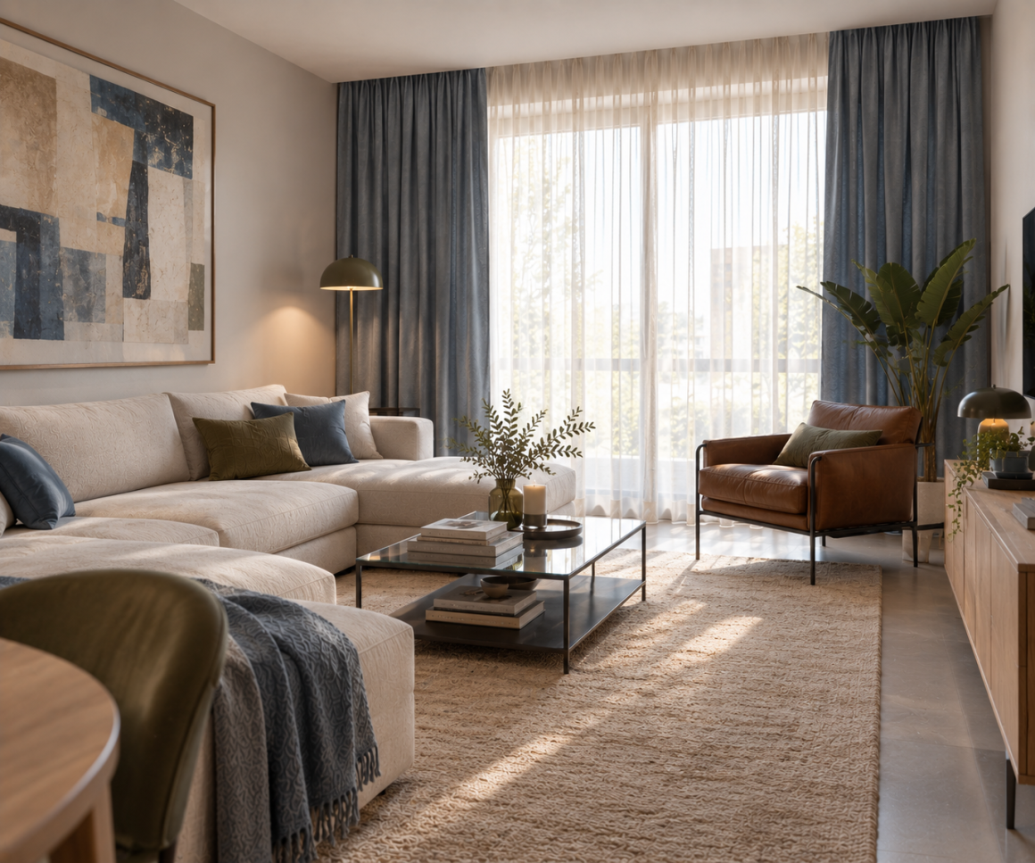 Rideaux bleus avec voilage blanc, grand canapé beige, fauteuil cuir marron, table basse en verre, tapis et plantes