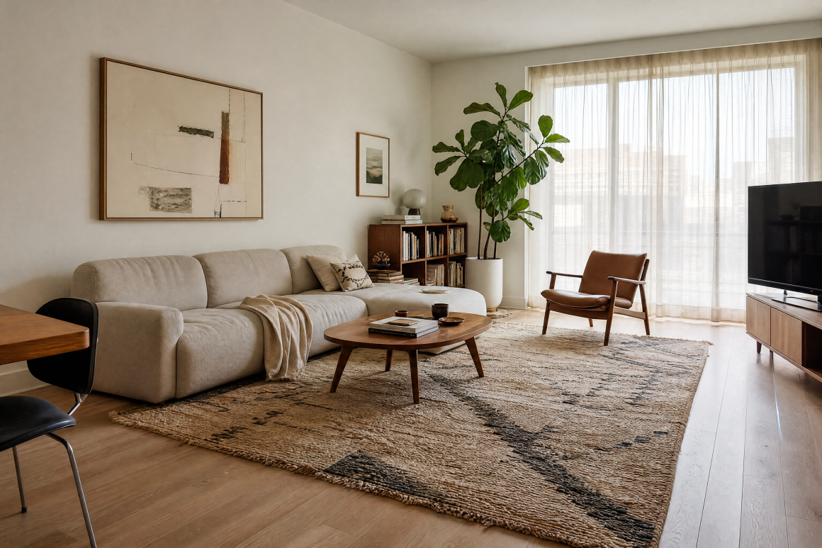 Salon lumineux avec canapé crème, fauteuil cuir, grande plante, tapis texturé, table basse et étagère