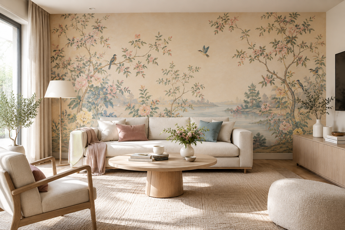 Salon aménagé avec canapé beige papier peint peint aux motifs floraux et mobilier en bois clair