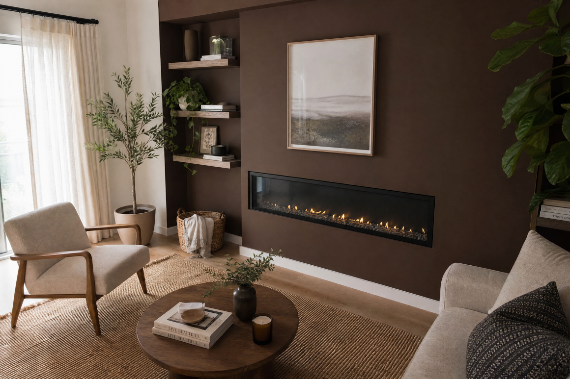 Salon avec mur brun chocolat, cheminée encastrée, fauteuil et table en bois, canapé et plante