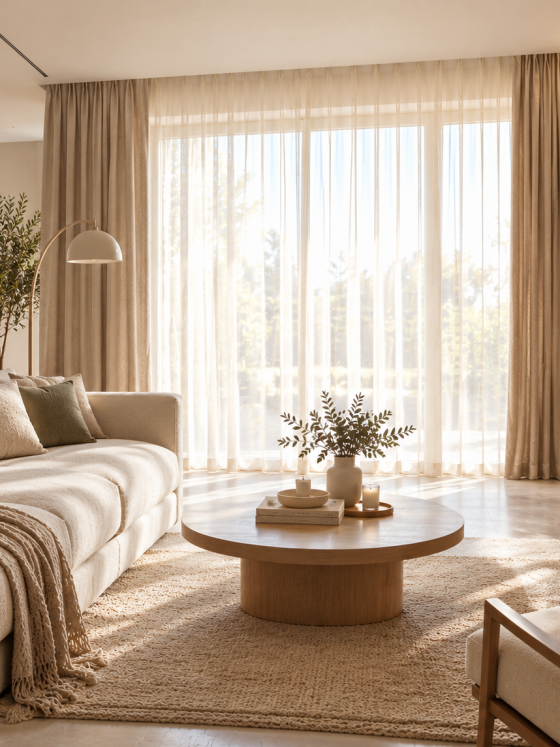Salon aux tons neutres avec rideaux et voilage léger, mobilier en bois, canapé et plantes décoratives