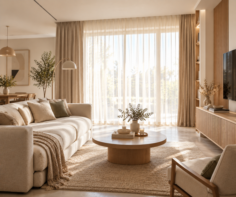 Salon aux tons neutres avec rideaux et voilage léger, mobilier en bois, canapé et plantes décoratives