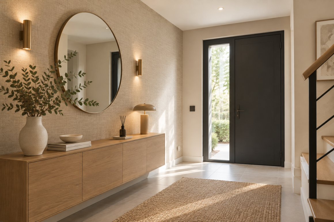Entrée maison scandinave avec meubles en bois, miroir, papier peint effet lin, tapis en fibres et lampes murales