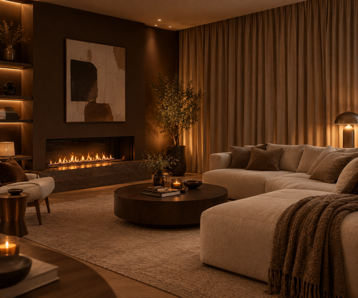 Salon aux tons bruns et beige : canapé, cheminée, éclairage tamisé, table ronde, tapis et plantes