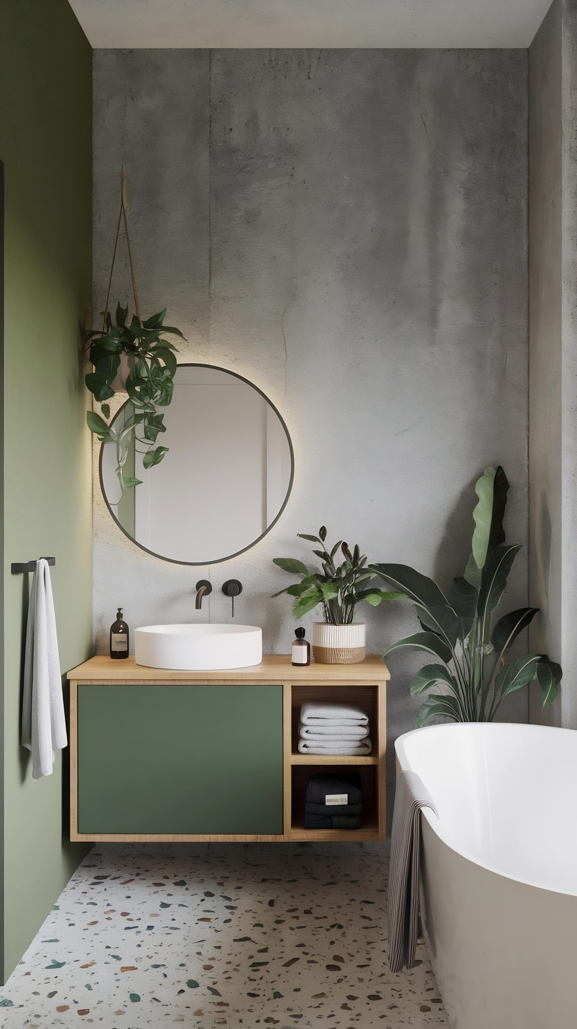 Petite salle de bain avec mur en béton, mur vert sauge, meuble vasque suspendu, miroir, plantes, baignoire et sol terrazzo