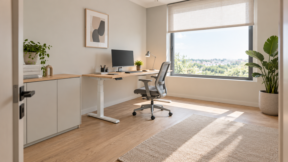 Espace de travail incluant bureau réglable chaise ergonomique, grande fenêtre, plantes, rangement et tapis