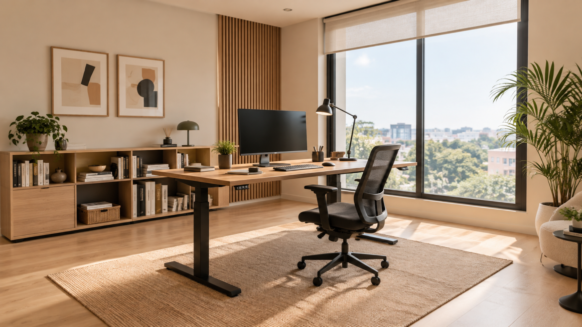 Bureau assis-debout avec chaise ergonomique, plantes, étagères et décoration minimaliste