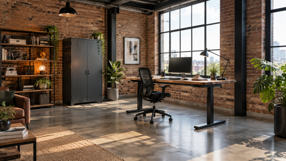 Loft industriel avec murs en briques, grande fenêtre, bureau assis-debout, chaise et plantes