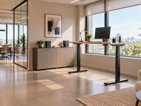 Bureau réglable avec chaise ergonomique, plantes , espace réunion en verre et décoration minimaliste