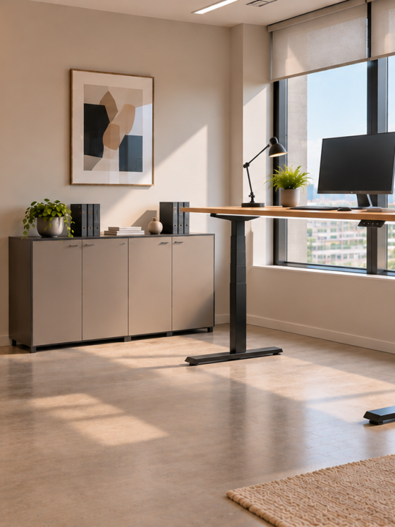 Bureau réglable avec chaise ergonomique, plantes , espace réunion en verre et décoration minimaliste