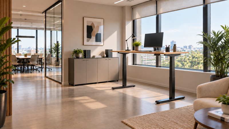 Bureau réglable avec chaise ergonomique, plantes , espace réunion en verre et décoration minimaliste