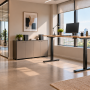 Bureau réglable avec chaise ergonomique, plantes , espace réunion en verre et décoration minimaliste