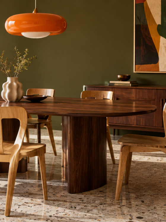 Séjour aux tons verts doté d'une table ovale et de sièges clairs