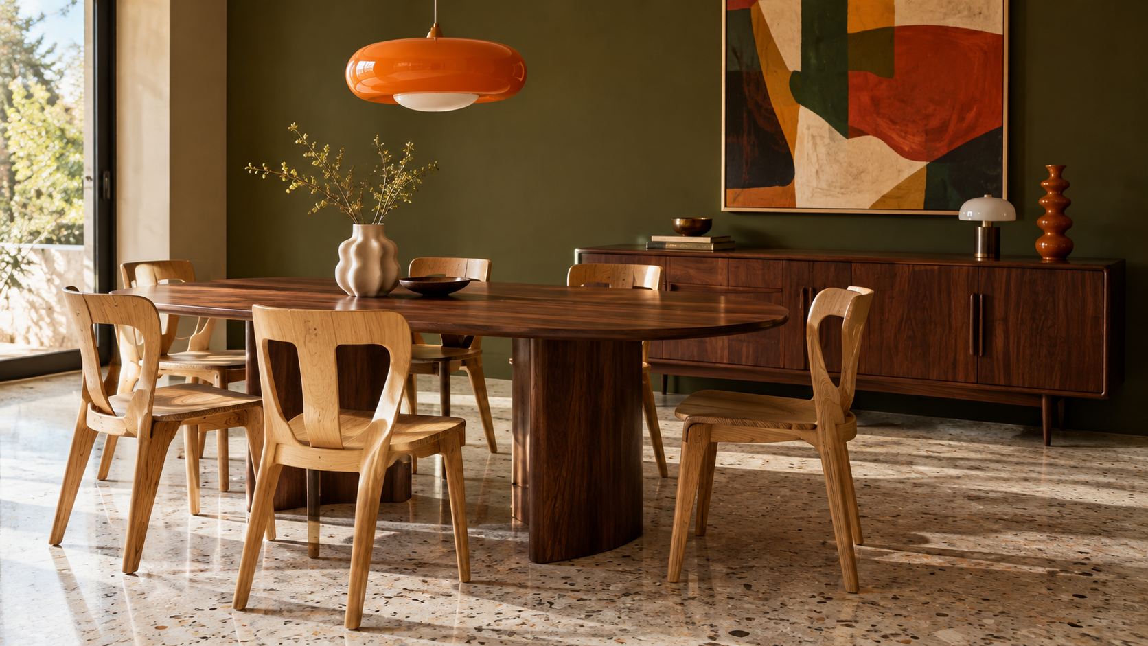 Séjour aux tons verts doté d'une table ovale et de sièges clairs