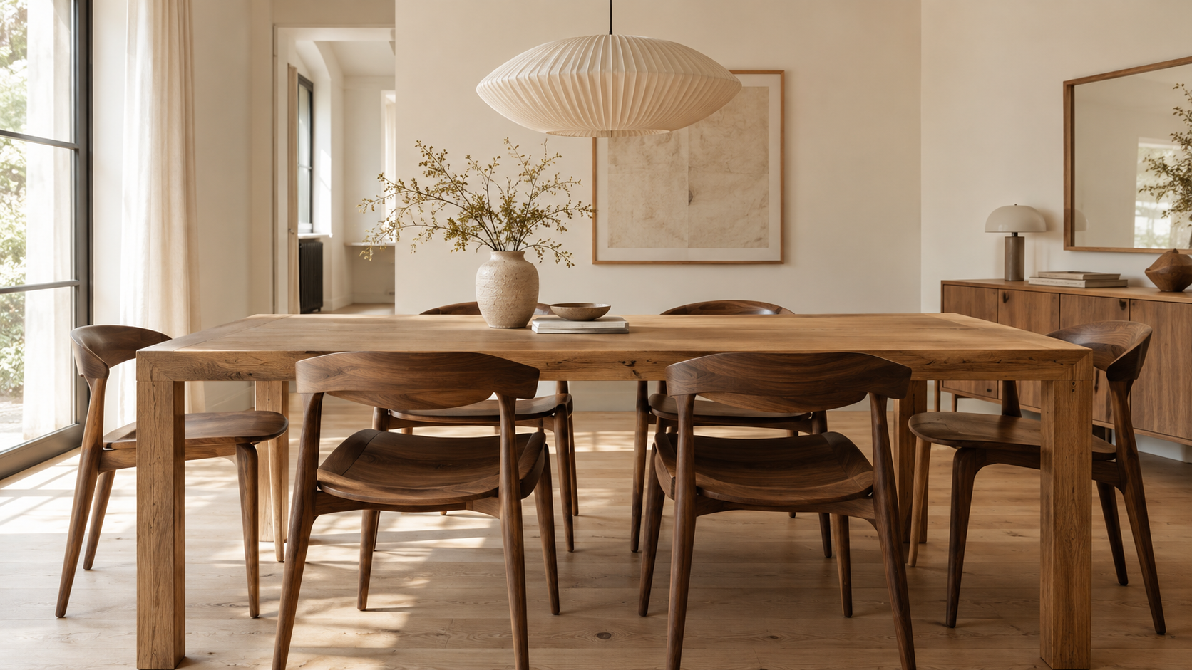 Grande table de salle à manger en bois massif entourée de chaises design