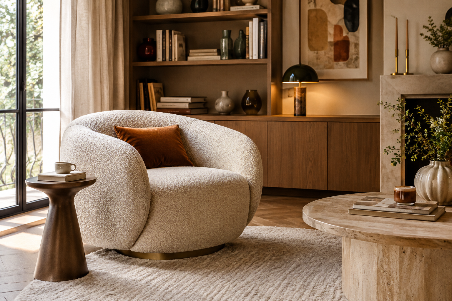 Fauteuil douillet en bouclette claire avec coussin orange dans un salon chaleureux