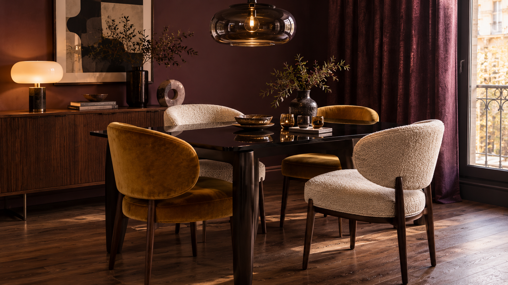 Salon aux murs bordeaux garni de fauteuils texturés autour d'un plateau verni