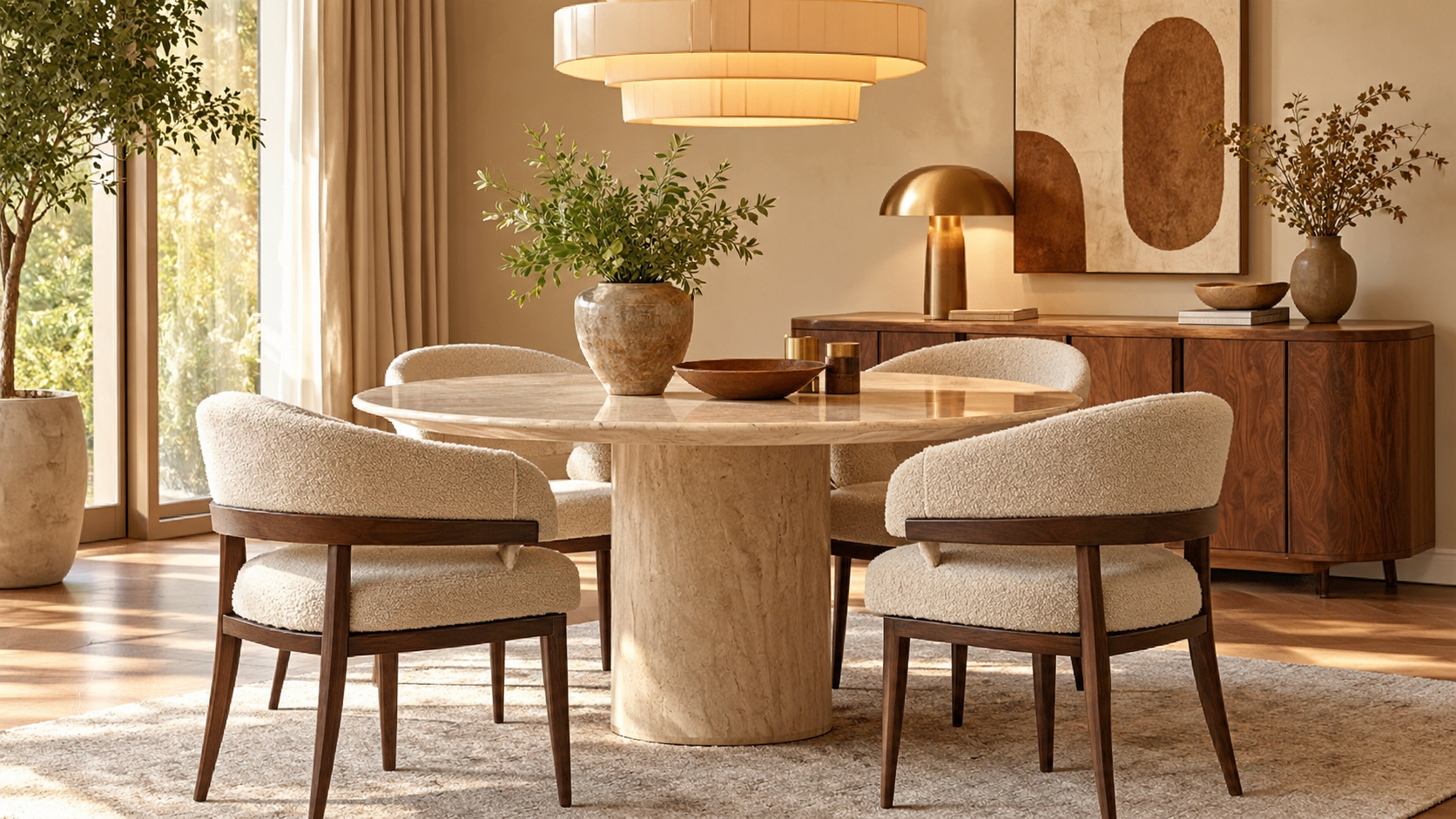 Mobilier de salle à manger avec assises incurvées et table centrale en pierre