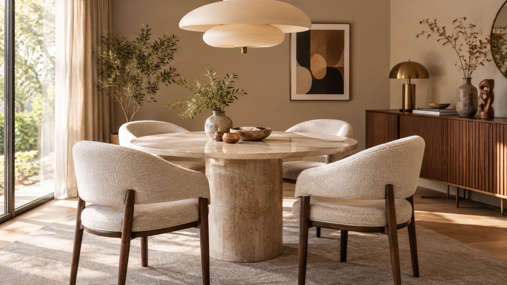 Salle à manger aux nuances beiges dotée d'une table ronde et d'une chaise tendance 2027 enveloppante en bouclette blanche