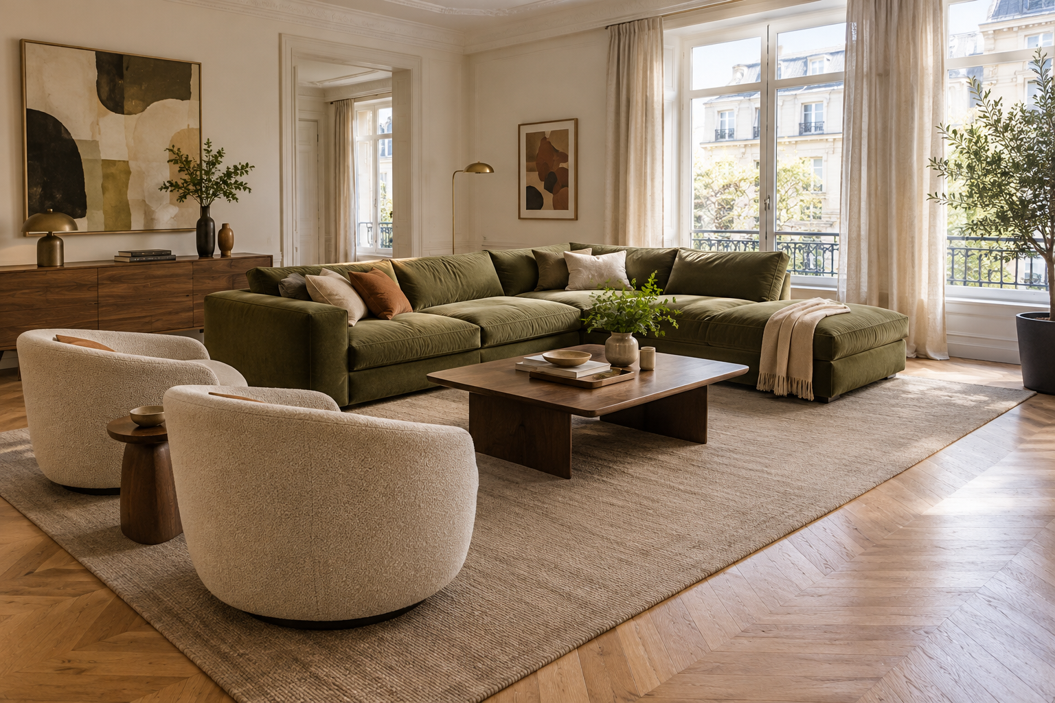 Grand tapis neutre sous un canapé d'angle vert olive et des fauteuils bouclette avec table basse en bois
