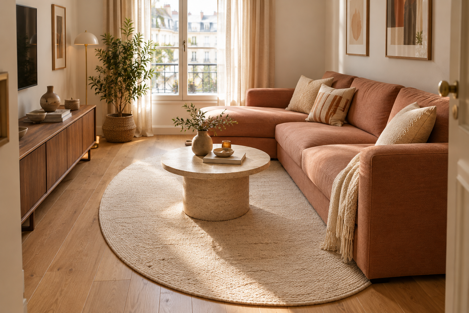 Canapé terracotta avec table ronde texturée, tapis, plantes, meuble TV et parquet clair