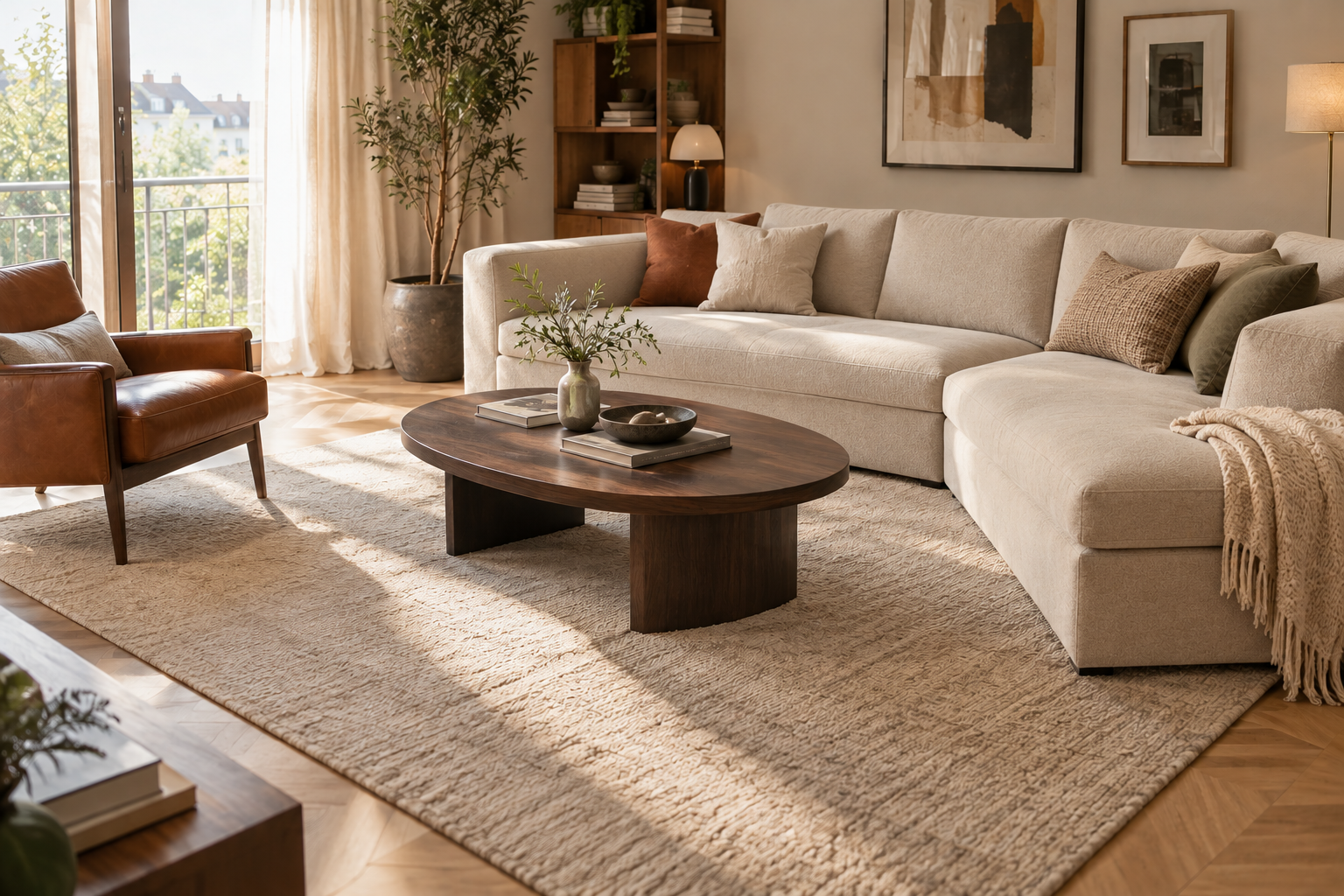 Vaste séjour baigné de soleil avec un meuble bas ovale en bois foncé central et assise d'angle modulable écrue