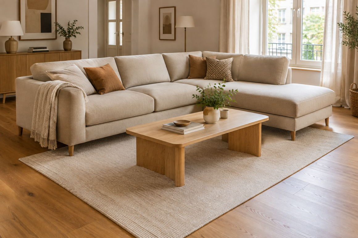 Grand tapis beige positionné sous les pieds avant d'un canapé d'angle en tissu clair dans un salon lumineux