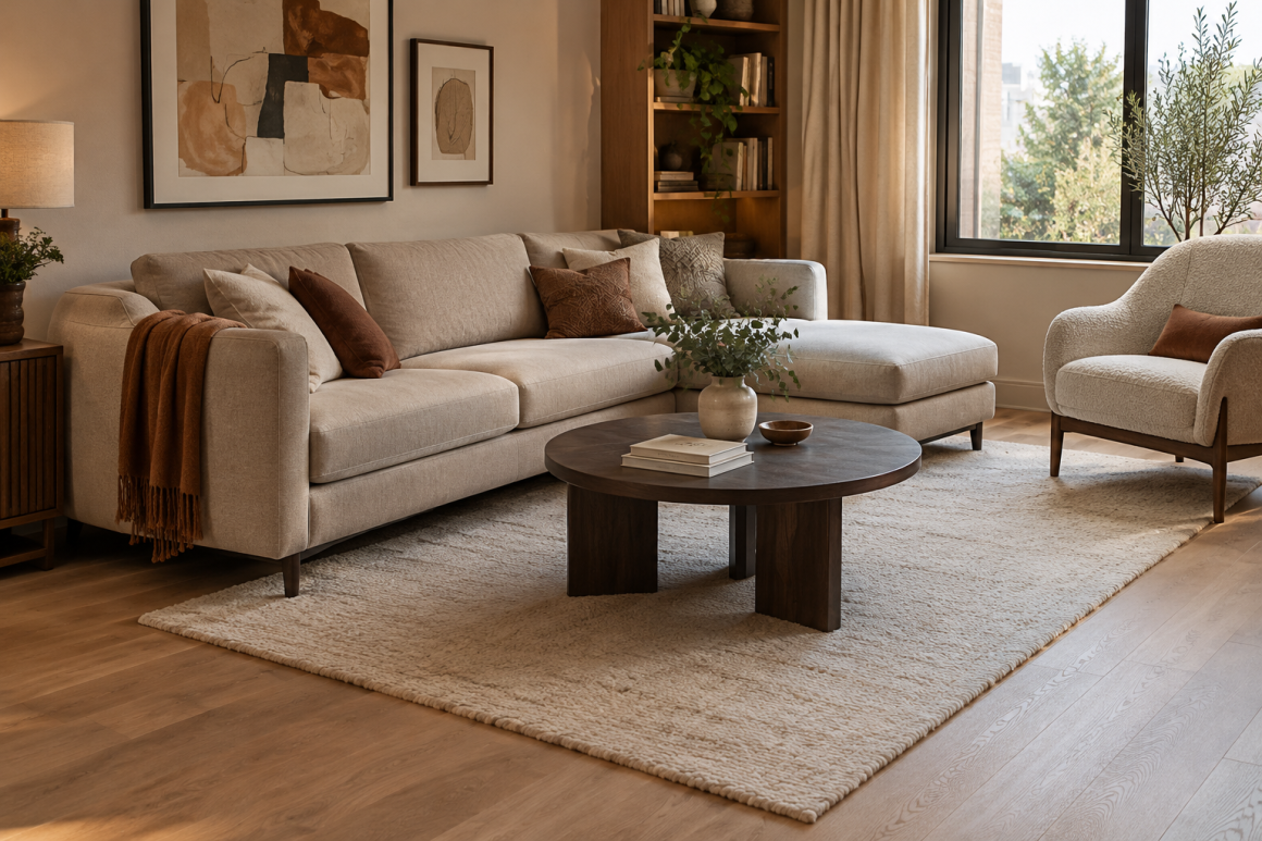 Un tapis moelleux disposé sous un canapé d'angle, fauteuil et table basse