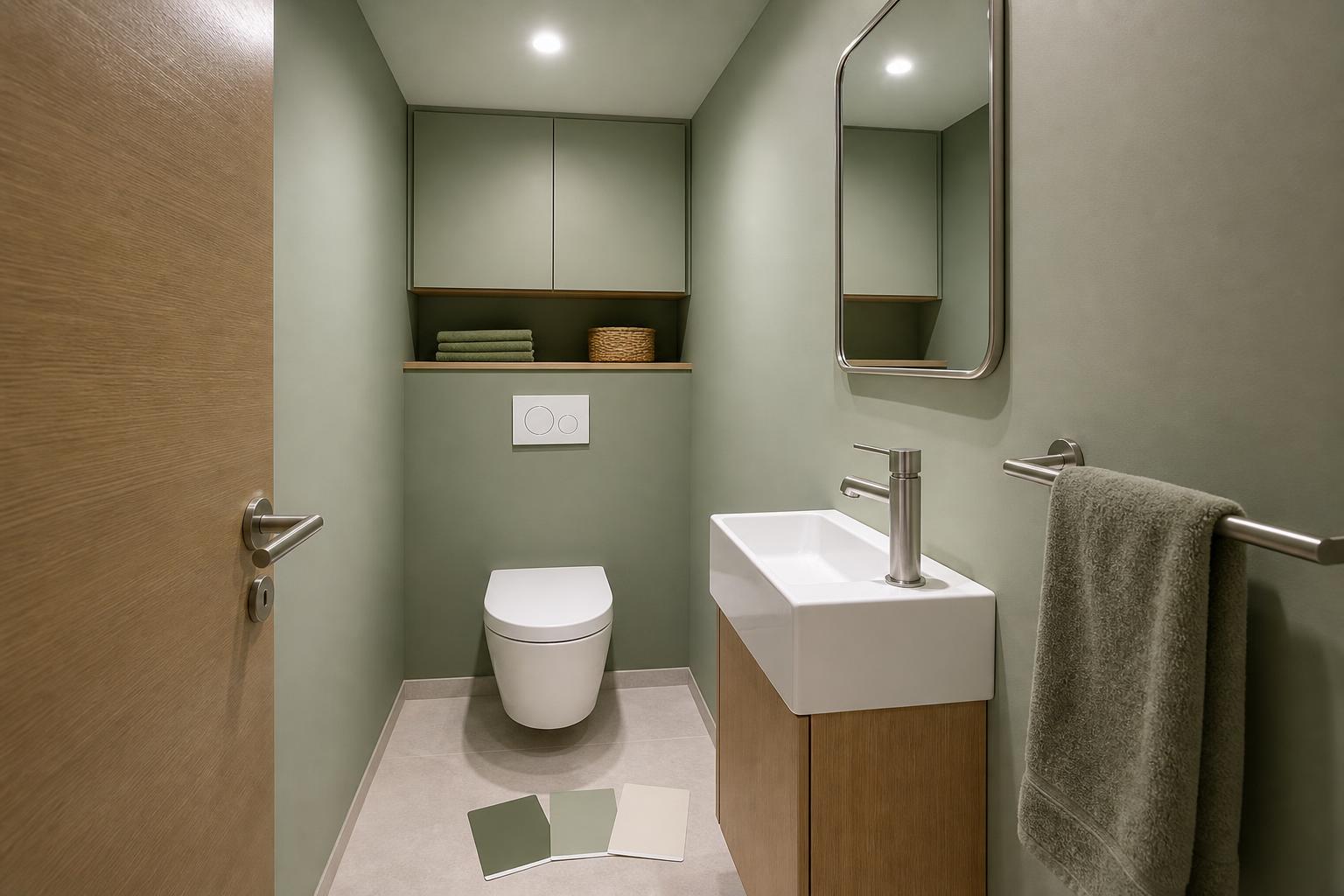 Petites toilettes sans fenêtre aux murs vert sauge, lavabo en bois et meuble de rangement assorti