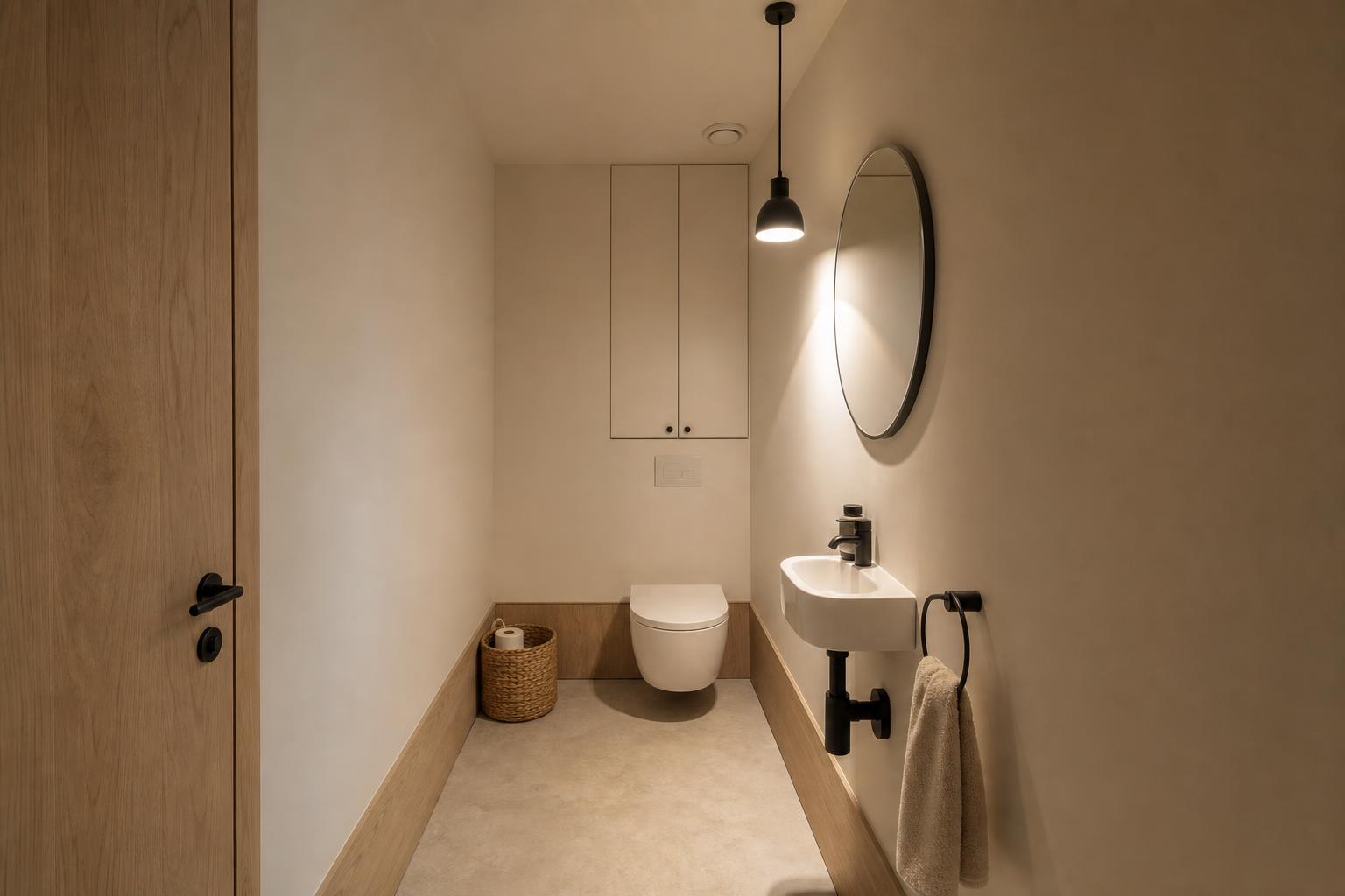 Petites toilettes aveugles aux murs beige clair, sol beige et porte en bois