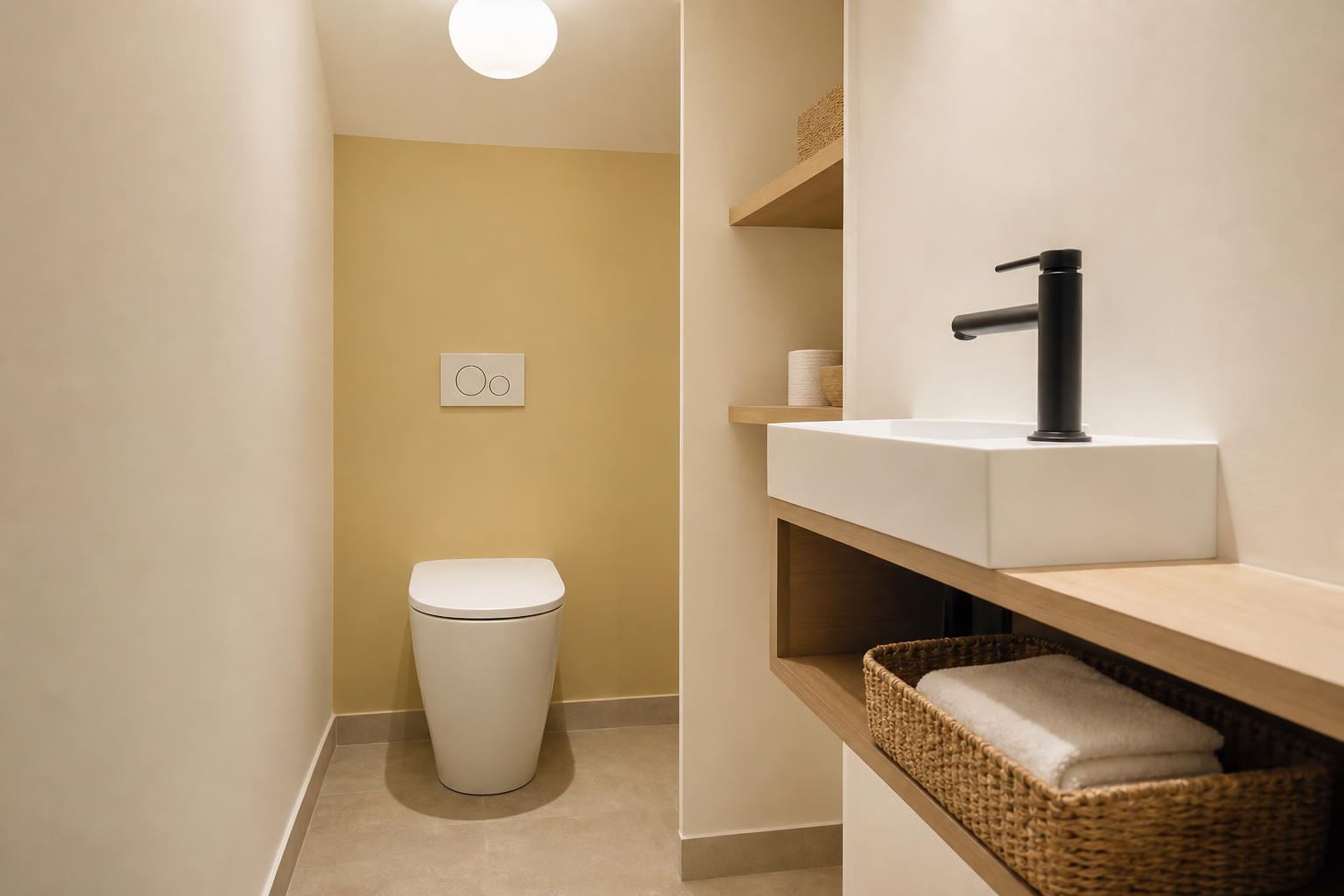 Petites toilettes modernes aux murs beige et blanc avec un lavabo vasque noir