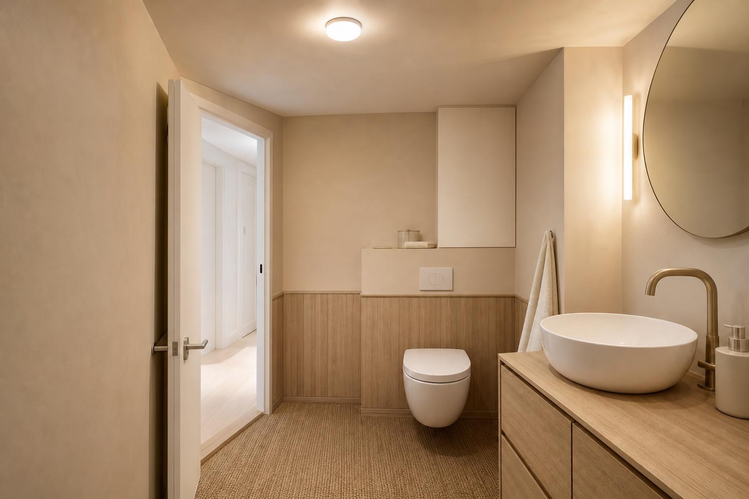 Petites toilettes modernes aux murs beiges, lavabo vasque blanc et boiseries claires