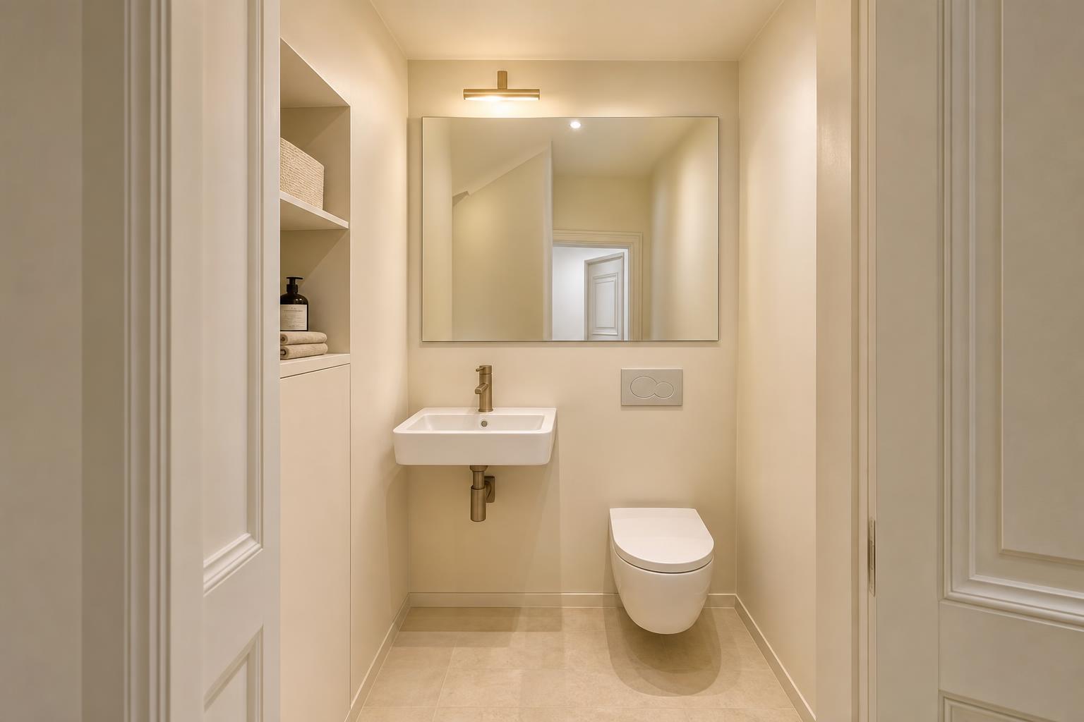 Petites toilettes sans fenêtre aux murs peints en couleur beige lumineux avec vasque et miroir