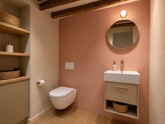 Toilettes sans fenêtre avec un mur rose poudré, un meuble vasque beige et des poutres en bois