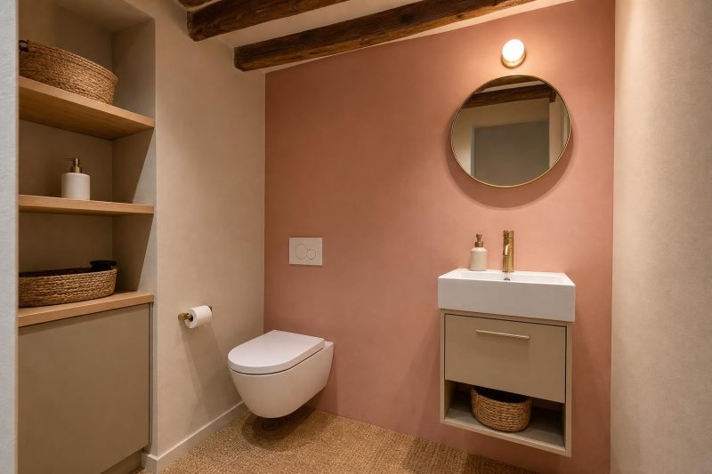 Toilettes sans fenêtre avec un mur rose poudré, un meuble vasque beige et des poutres en bois