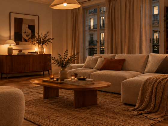 Intérieur cosy illuminé par des luminaires dorés créant une atmosphère feutrée