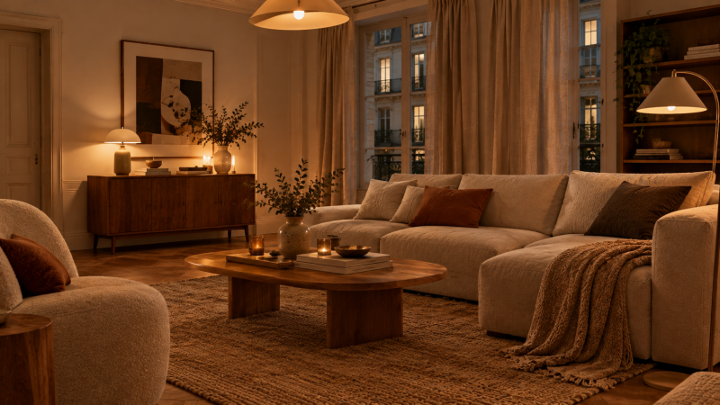Intérieur cosy illuminé par des luminaires dorés créant une atmosphère feutrée