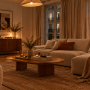 Intérieur cosy illuminé par des luminaires dorés créant une atmosphère feutrée
