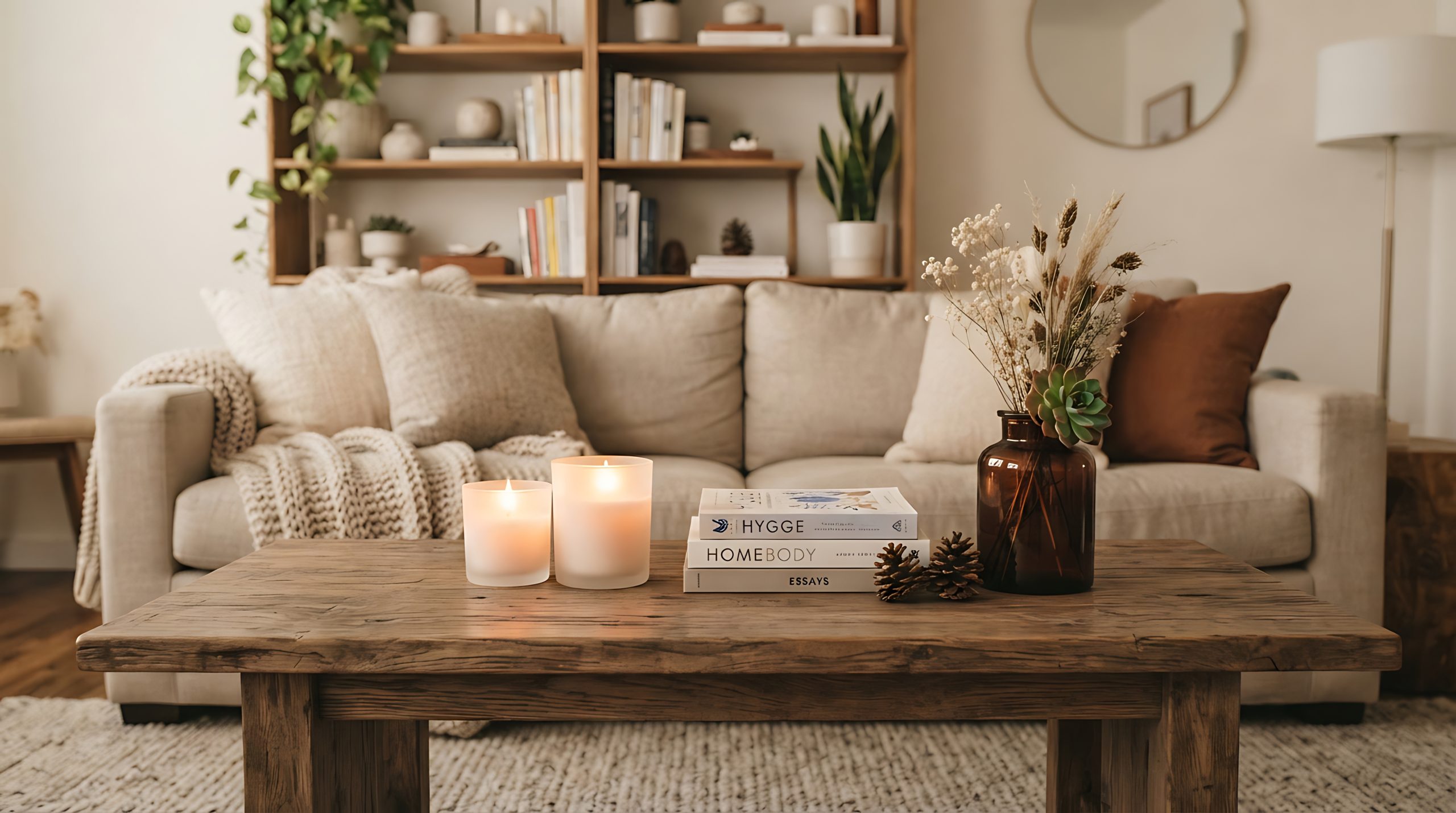 Canapé crème, table basse rustique, livres, bougies et vase de fleurs séchées