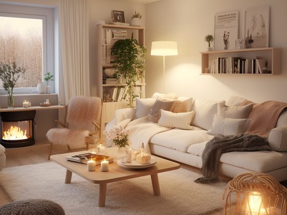 Salon lumineux avec une décoration chaleureuse, grand canapé beige, table basse en bois et cheminée allumée